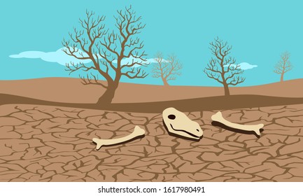 drought condition cracked land with dry trees vector illustration
