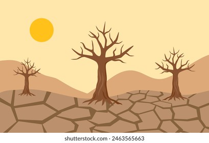 Drought condition cracked land with dry trees vector.