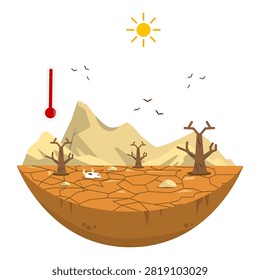 Drought and desertification concept. Cracked dry land with dead trees, sun, high thermometer and mountains. Illustration of water scarcity, climate change impact and extreme heat on environment.