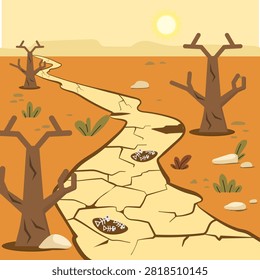 Drought and desertification concept. Dry cracked riverbed with no water, dead trees, fish bones and barren landscape under hot sun. Climate change impact, and global warming effects.
