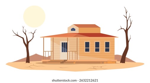 Drought disaster illustration showing a deserted house in a barren landscape under a scorching sun