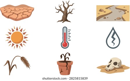 Drought and global warming vector icon set featuring dry cracked earth, dead tree, hot sun, high temperature thermometer, and climate change concepts