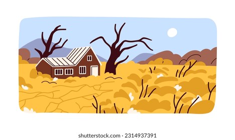 Drought, heat, summer landscape. Hot weather, dry plants, dead trees on farm field, deserted agriculture farmland. Natural disaster, ecology crisis, waterless scenery. Flat vector illustration