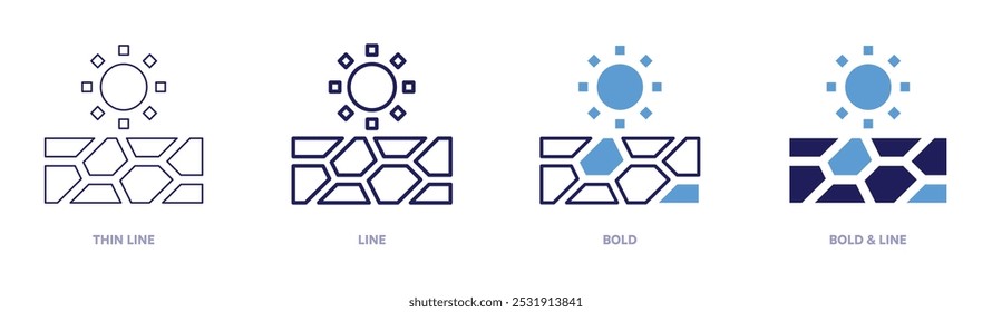 Icono de sequía en 4 estilos diferentes. Línea delgada, línea, negrita y línea negrita. Estilo duotono. Trazo editable.