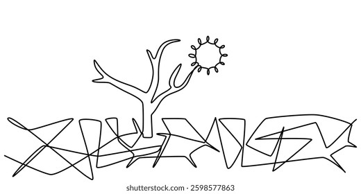 drought icon continuous one line drawing, Drought Vector Line Icon Design, Drought. thirst. Cracked and dried plant or soil. Global disaster. Famine. Line vector icon. Water, minimalisy style concept.