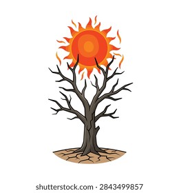 Drought icon, dead tree, cracked earth, hot sun, climate change, extreme weather, environmental problem. Vector illustration.