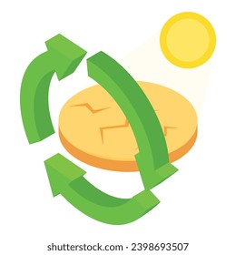 Drought icon isometric vector. Cracked ground under scorching sun, circular arrow. Natural phenomenon, solar activity, hot weather