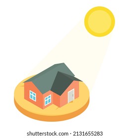 Vector isométrico del icono de sequía. Edificio residencial e icono solar amarillo de verano. Fenómenos naturales, actividad solar, clima caluroso