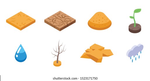 Drought icons set. Isometric set of drought vector icons for web design isolated on white background