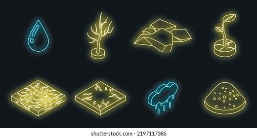 Drought icons set. Isometric set of drought vector icons neon color on black