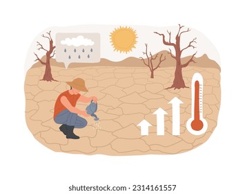 Ilustración del vector conceptual aislado de la sequía. Condiciones meteorológicas extremas, problema de erosión, falta de lluvias, calentamiento global, lucha contra la sequía, desastres naturales, concepto de vector de calor estival áspero.