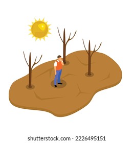 Drought - Man stands in desert next to dead trees isometric 3d vector illustration concept for banner, website, illustration, landing page, flyer, etc.