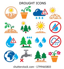 Drought, natural disaster, climate change vector color icons set - no water for plants, in gardens and forests
