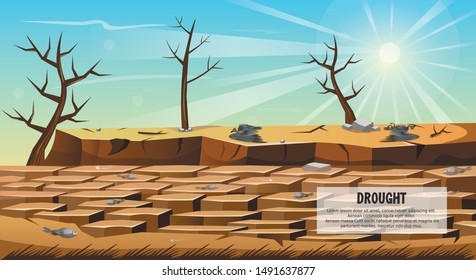 Drought Natural Disaster Flat Cartoon Banner Vector Illustratioj. Climate Catastrophe. Earth is Dried Up by Sun. Trees and Grass Died, Soil Cracked. Ecological Environmental Problem. Poor Ground.