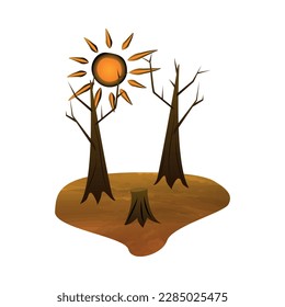 Drought natural disaster flat concept with dry trees and shining sun vector illustration