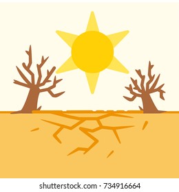 Drought. The scorching sun, the dried up trees and the cracked earth. Vector Illustration 