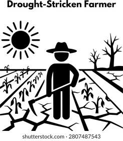 Drought stricken farmer holding hoe in withered corn field with dry cracked ground and hot sun vector concept