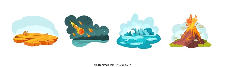 Drought, volcano eruption, polar ice melting natural disasters. Falling meteorites, melted glaciers and eruption of volcano, nature scenes of cataclysms. Global warming, climate change cartoon vector