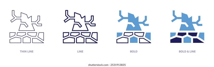 Icono de calentamiento por sequía en 4 estilos diferentes. Línea delgada, línea, negrita y línea negrita. Estilo duotono. Trazo editable.