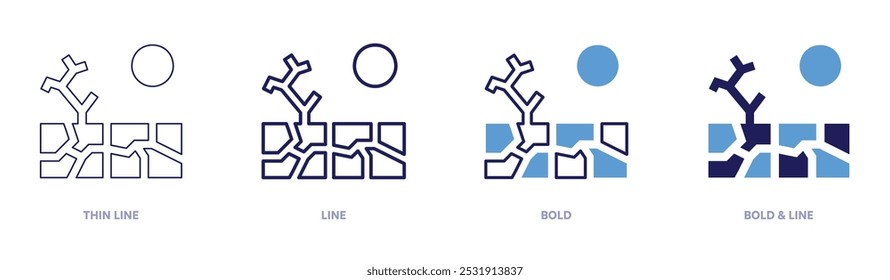 Icono de Clima de sequía en 4 estilos diferentes. Línea delgada, línea, negrita y línea negrita. Estilo duotono. Trazo editable.