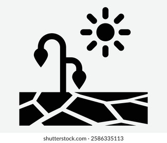 Drought Weather Sun Summer Sunny Hot Dry Dessert Climate Change Global Warming Dead Die Plant Wilt Land Crack Black White Icon Sign Symbol Graphic Illustration Vector