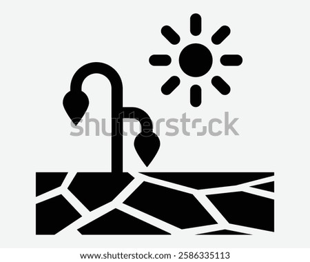 Drought Weather Sun Summer Sunny Hot Dry Dessert Climate Change Global Warming Dead Die Plant Wilt Land Crack Black White Icon Sign Symbol Graphic Illustration Vector