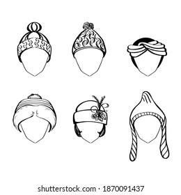 Drow hand wool and fur hats, line style. Eps 10 file