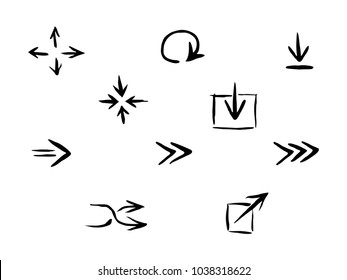 Drown black vector arrows set for web design, isolated on white background. Flat brush elements kit for website navigation elements, icon or button. App element for UI design or application interface.