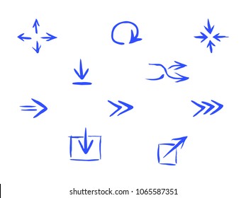 Drown blue vector arrows set for web design, isolated on white background. Flat brush elements kit for website navigation elements, icon or button. App element for UI design or application interface.