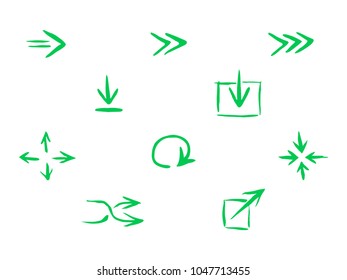 Drown green vector arrows set for web design, isolated on white background. Flat brush elements kit for website navigation elements, icon or button. App element for UI design or application interface.