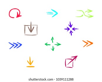 Drown vector arrows set for web design, isolated on white background. Flat brush elements kit for website navigation elements, icon or button. App element for UI design or application interface.