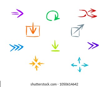 Drown vector arrows set for web design, isolated on white background. Flat brush elements kit for website navigation elements, icon or button. App element for UI design or application interface.