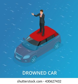 Drowned car. A car accident drowned. Flat 3d vector isometric illustration