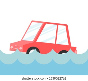 drowned car. accidents on the road and risk insured events Isolated on white background. Cartoon style. Vector Illustration.
