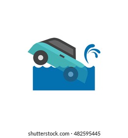 Drowned car icon in flat color style. Automotive natural accident flood insurance claim