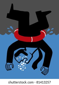  drowned upside down  businessman in a lifesaver