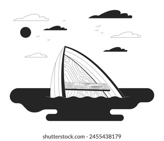 Drowning boat on river black and white cartoon flat illustration. Vessel accident on water 2D lineart objects isolated. Danger of ship sinking awareness monochrome scene vector outline image