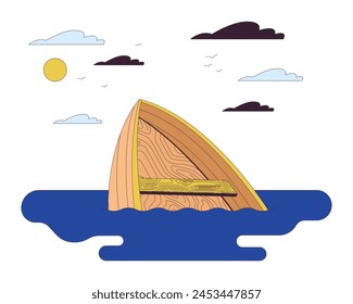 Drowning boat on river line cartoon flat illustration. Vessel accident on water 2D lineart objects isolated on white background. Danger of ship sinking awareness scene vector color image