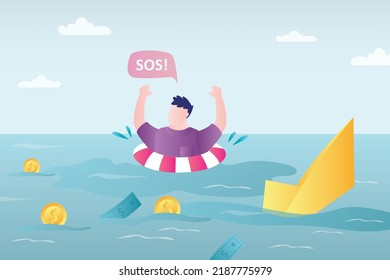 Drowning businessman calling for help. Entrepreneur sinking in lot of financial debts. Man in lifebuoy yelling sos. Economic crisis and tax increases. Employee with money problems. Vector illustration