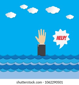 Drowning businessman calling for help in the water. Business help to survive concept. 