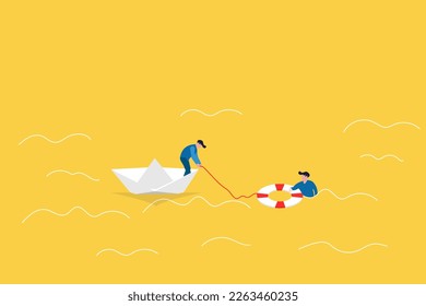 Drowning businessman getting lifebuoy from another businessman. Business help to survive, support, survival, investment concept. Eps10 illustration