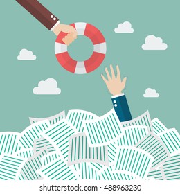 Drowning businessman getting lifebuoy. Overwork concept
