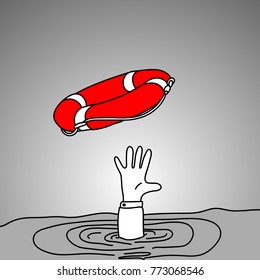 Drowning businessman getting red lifebuoy from another man vector illustration doodle sketch hand drawn with black lines isolated on gray background. Helping business concept. 