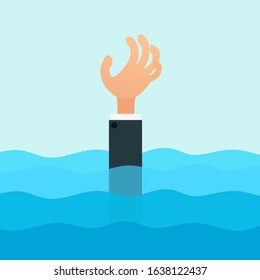 Drowning businessman pulls his hand up out of the water. Sinking man in sea needs urgent help. Bankruptcy, insolvency and business problems. Vector illustration, flat design cartoon style.