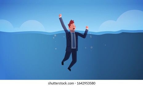 drowning businessman raising his hands out of water insolvency failure crisis bankruptcy concept sinking business man in sea needs urgent help horizontal full length vector illustration