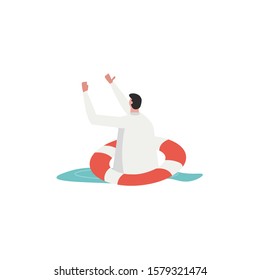 Drowning client with life buoy on white background in water. Concept of help, customer service, problem, assistant, technical support. Vector illustration in flat cartoon design