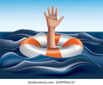 Drowning concept. Life Buoy with hand asking for help	
