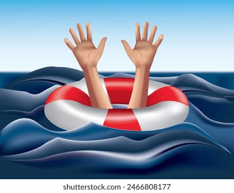 Drowning concept. Life Buoy with hands asking for help