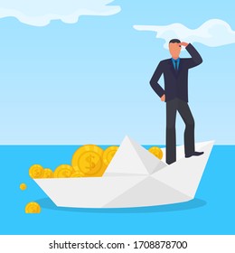 Drowning Corrupt Character Male On White Paper Boat, Stolen Gold Dollar Coin Flat Vector Illustration. Financial Fraud Scheme Money Extract Criminal Way, Businessman Sink Cash Stash, Tax Evasion.