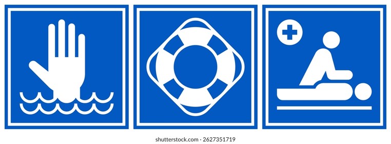 Drowning hazard, lifebuoy and first aid symbols. Beach warning sign set. Emergency, beach safety labels. 